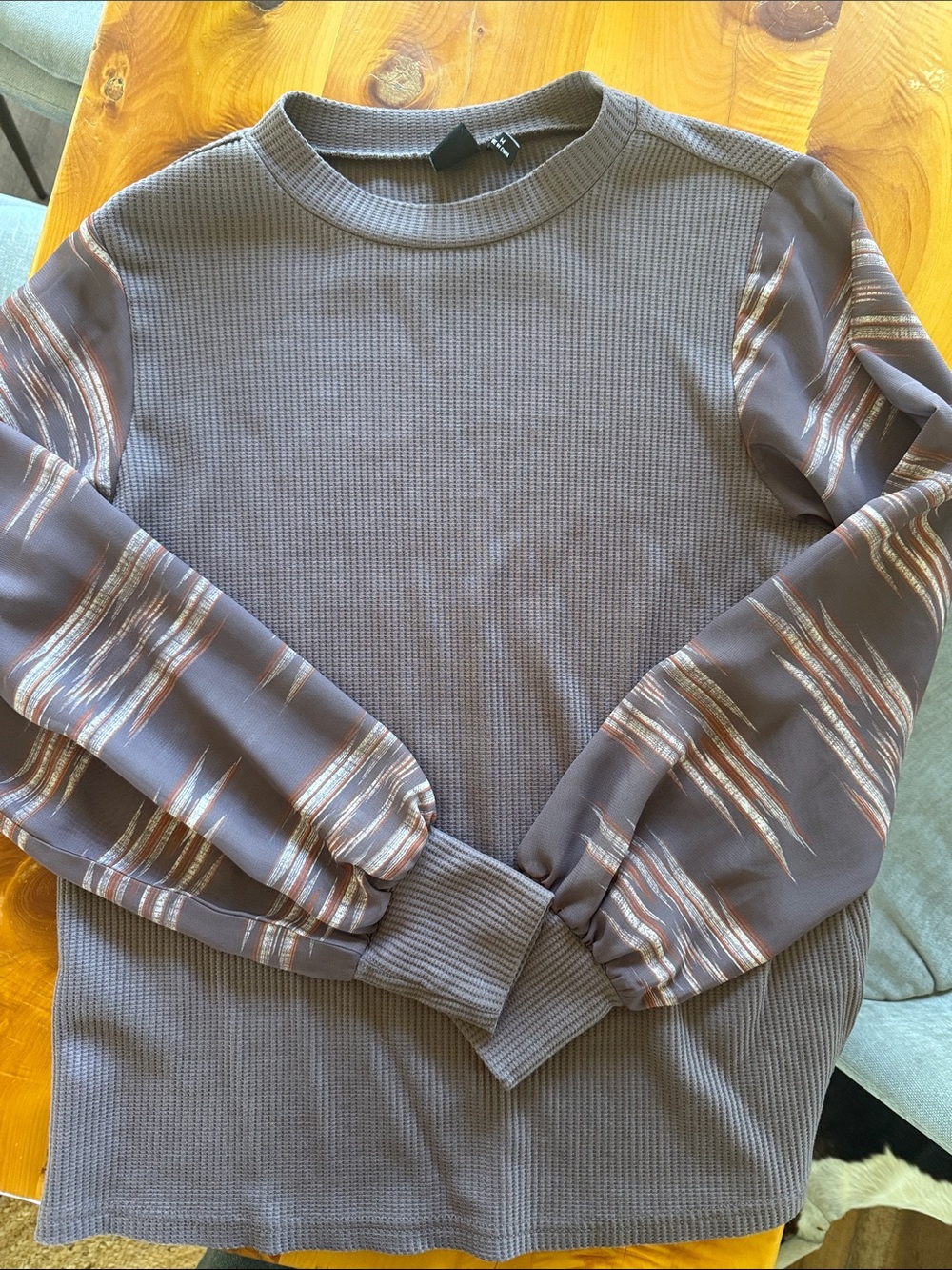 Women's Brown Crewneck Waffle Knit Top with Patterned Sleeves